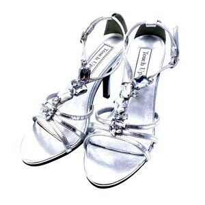 Touch Ups Silver Chunky Rhinestone Strappy High Heel Sandals 6 Black Tie
